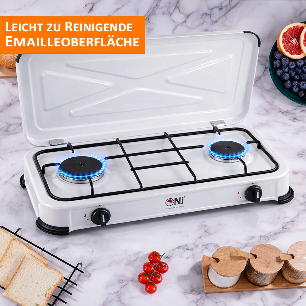 NJ-02 Propan Gaskocher 2 flammig für Camping 3,4 KW mit Deckel