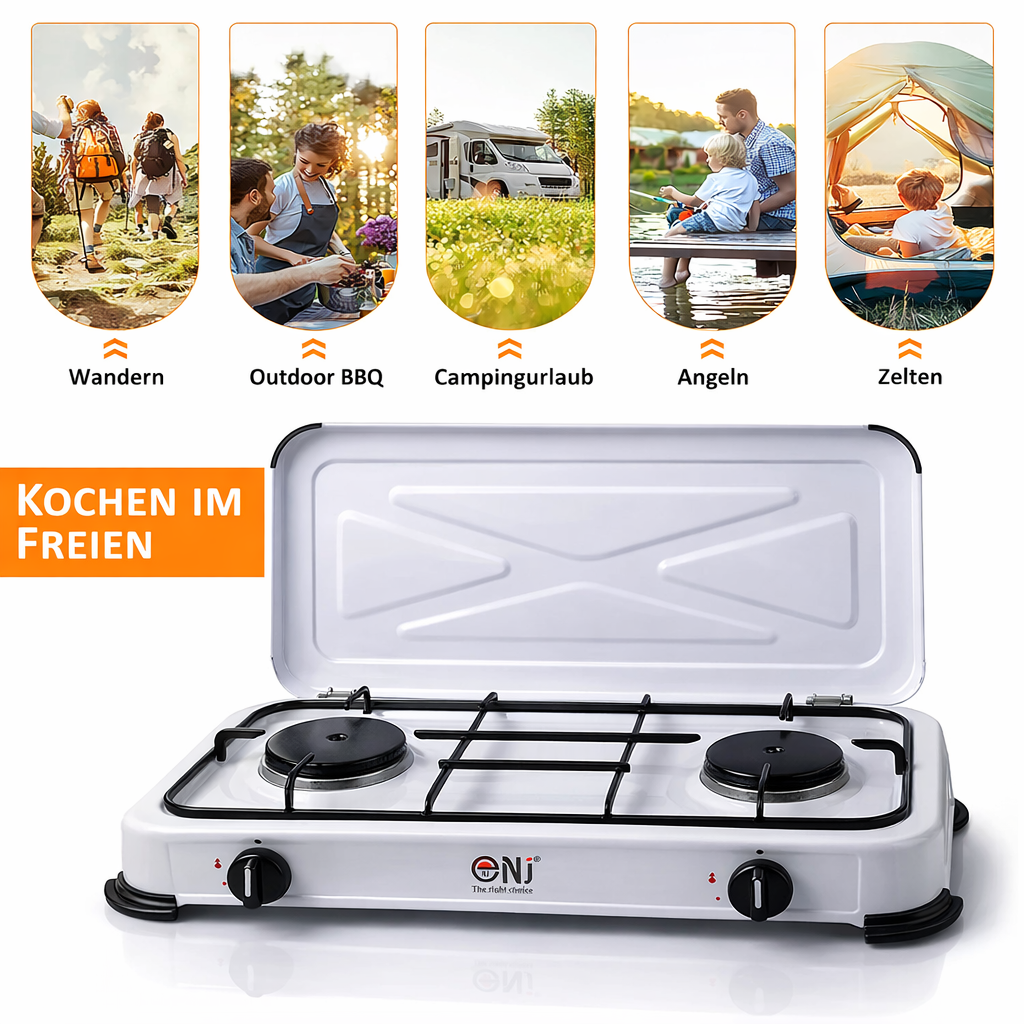 NJ-02 Propan Gaskocher 2 flammig für Camping 3,4 KW mit Deckel