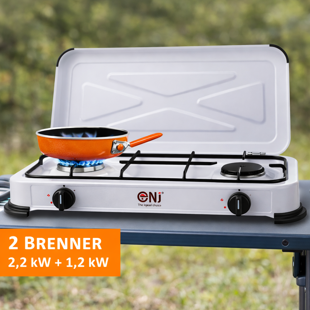 NJ-02 Propan Gaskocher 2 flammig für Camping 3,4 KW mit Deckel