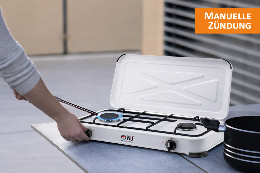 NJ-02 Propan Gaskocher 2 flammig für Camping 3,4 KW mit Deckel