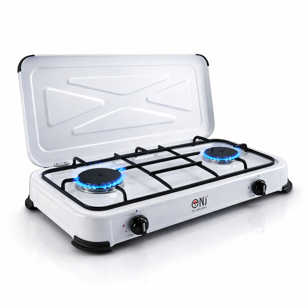 NJ-02 Propan Gaskocher 2 flammig für Camping 3,4 KW mit Deckel