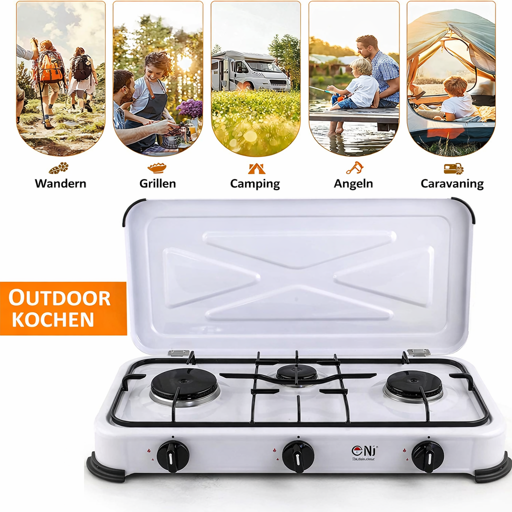 NJ-03 Gaskocher 3-flammig für Camping Propan 4,25 KW Deckel