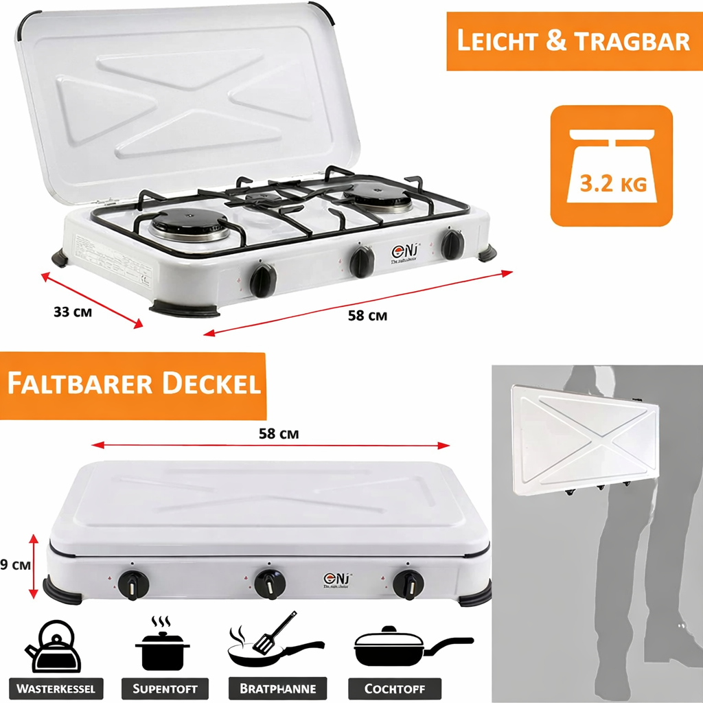 NJ-03 Gaskocher 3-flammig für Camping Propan 4,25 KW Deckel