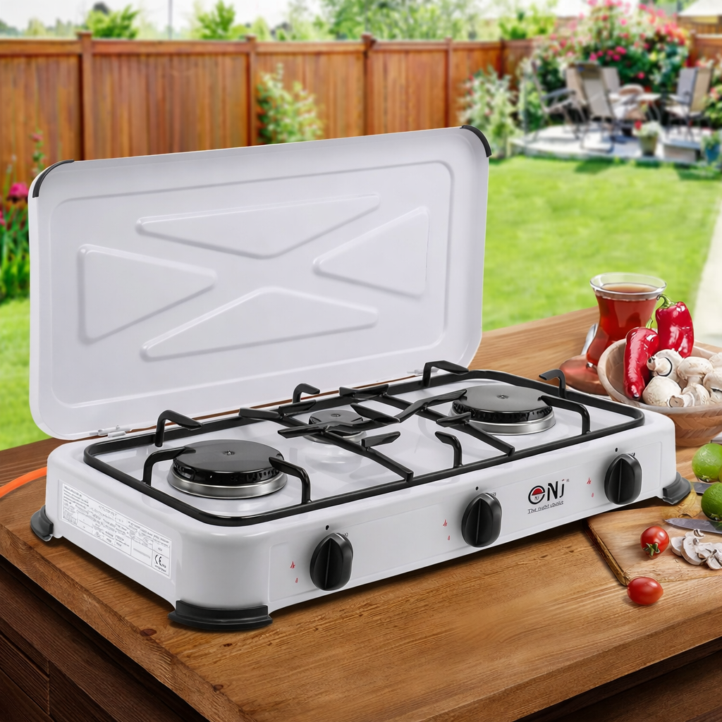 NJ-03 Gaskocher 3-flammig für Camping Propan 4,25 KW Deckel