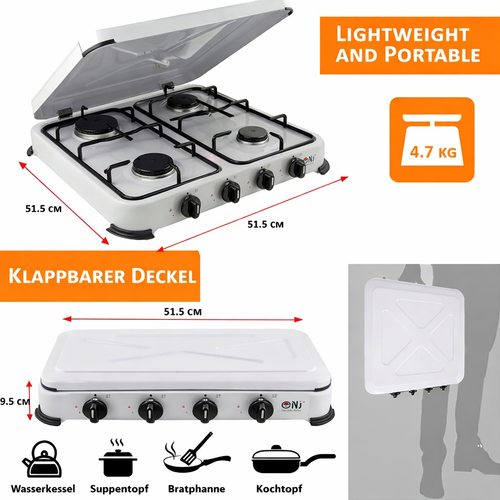 NJ-04 Campingkocher 4 flammig Gas Kocher 5,5 KW Deckel