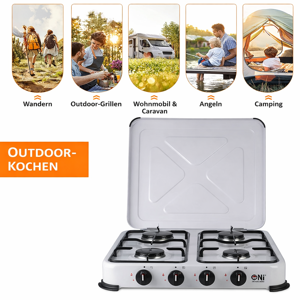 NJ-04 Campingkocher 4 flammig Gas Kocher 5,5 KW Deckel
