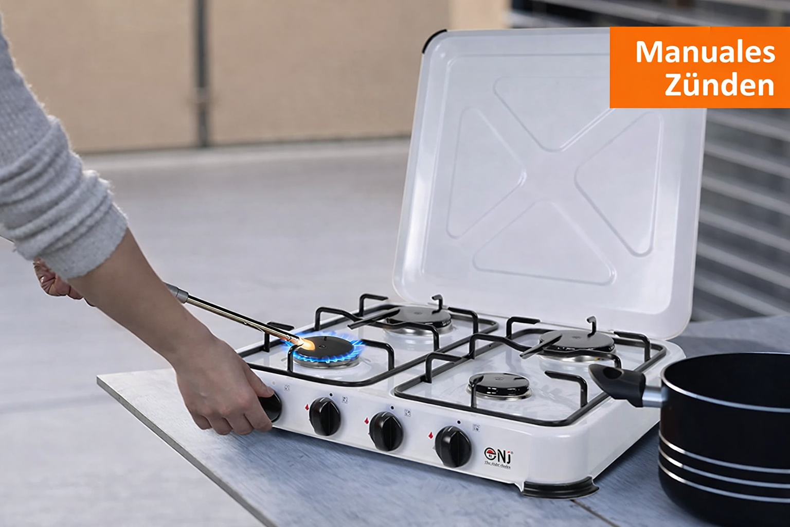 NJ-04 Campingkocher 4 flammig Gas Kocher 5,5 KW Deckel