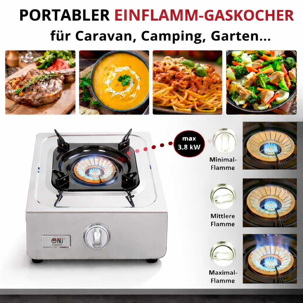 NSD-11 Edelstahl Gaskocher 1 flammig Campingkocher mit Zündsicherung