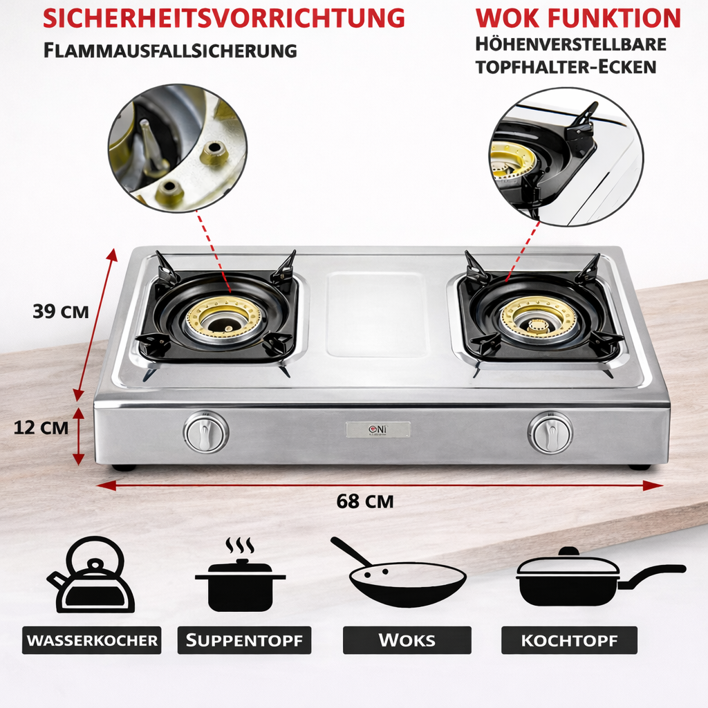 NSD-2 Edelstahl Gaskocher 2 flammig mit Zündsicherung Campingkocher