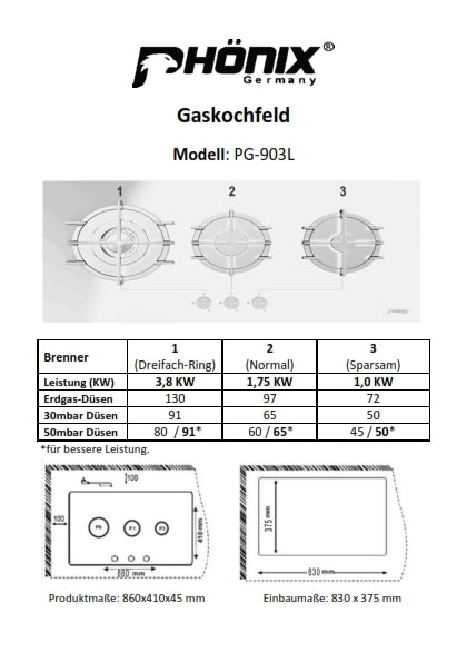 Phönix PG-903L Einbau Gaskochfeld 3 flammig kochmulde Gaskocher 90cm