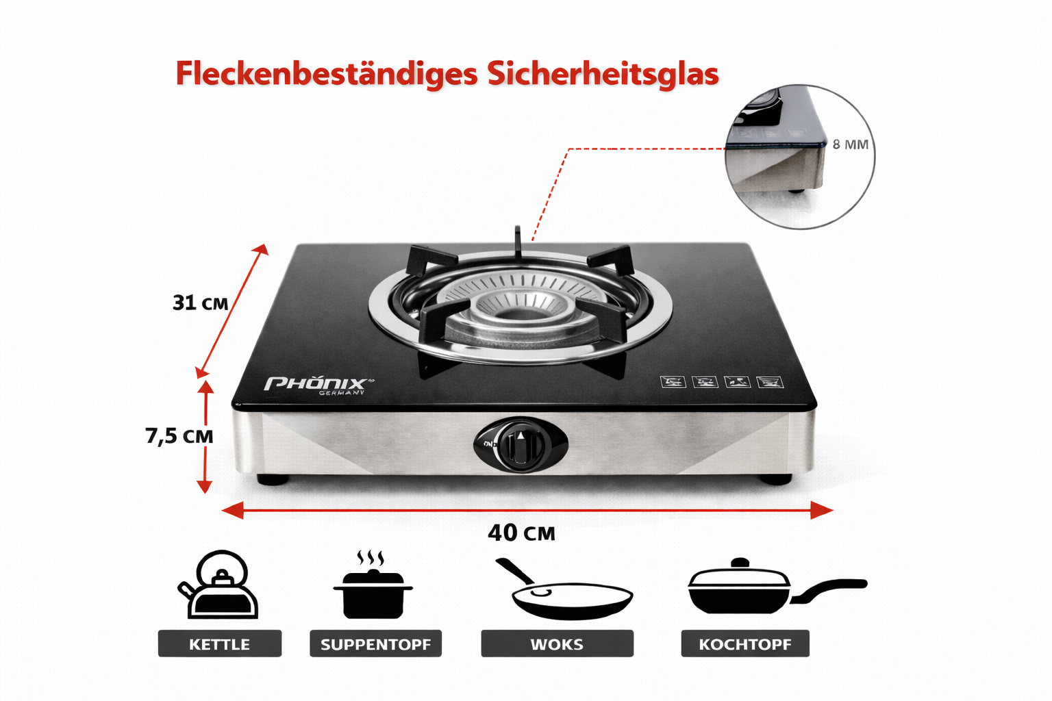 Phönix PS-1 Campin Gaskocher 1 flammig Glas mit Zündsicherung Propan