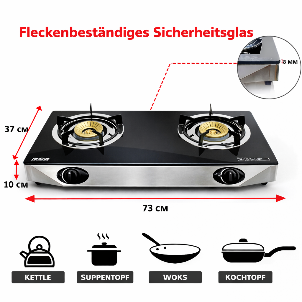 Phönix PS-2 Glas Gaskocher 2 flammig Propan mit Zündsicherung 8 KW
