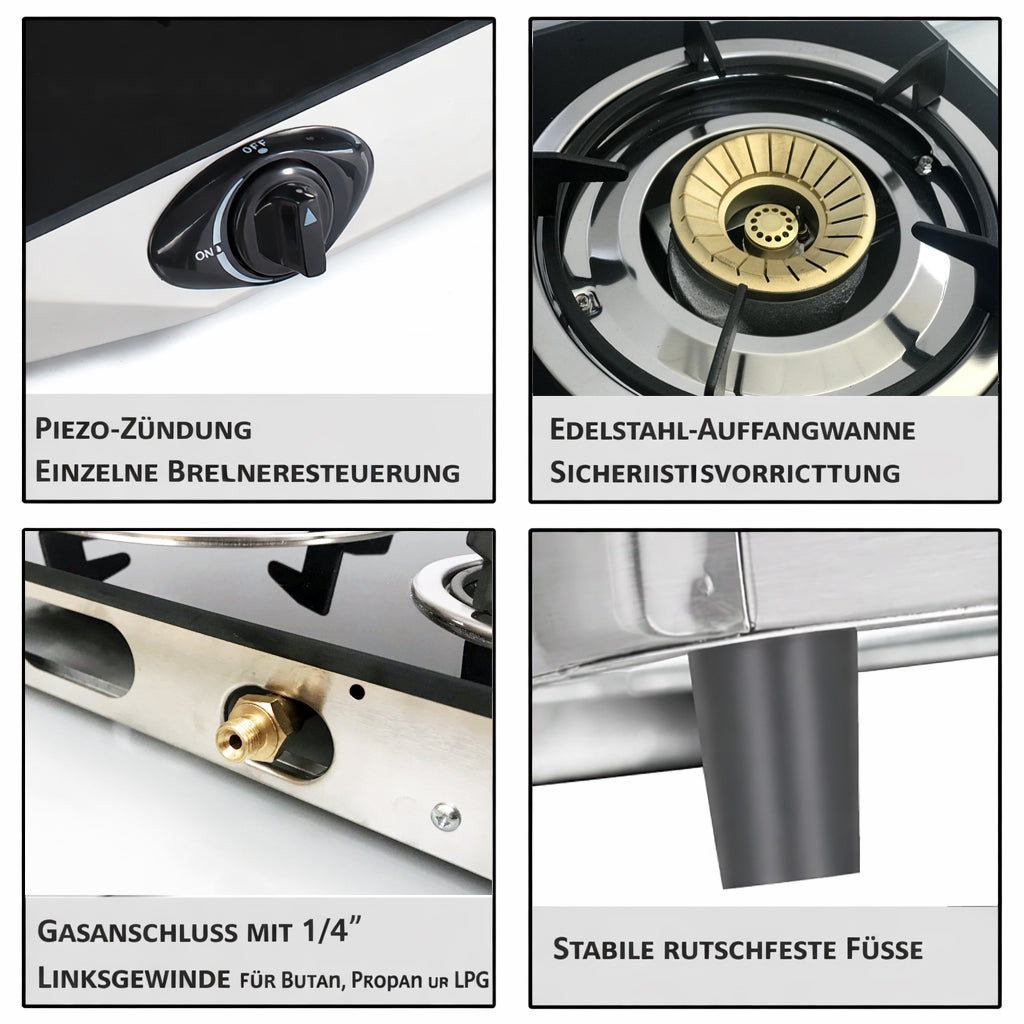 Phönix PS-2 Glas Gaskocher 2 flammig Propan mit Zündsicherung 8 KW