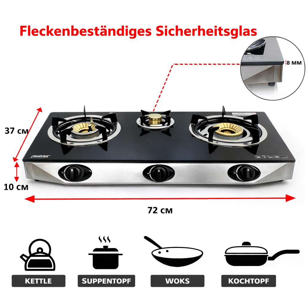 Phönix PS-3 Gaskocher – 3-flammig, 8,8 KW, Glas-Kochfeld, Mit Zündsicherung, Inkl. Gasschlauch-Regler-Set, Für Propan/Butan