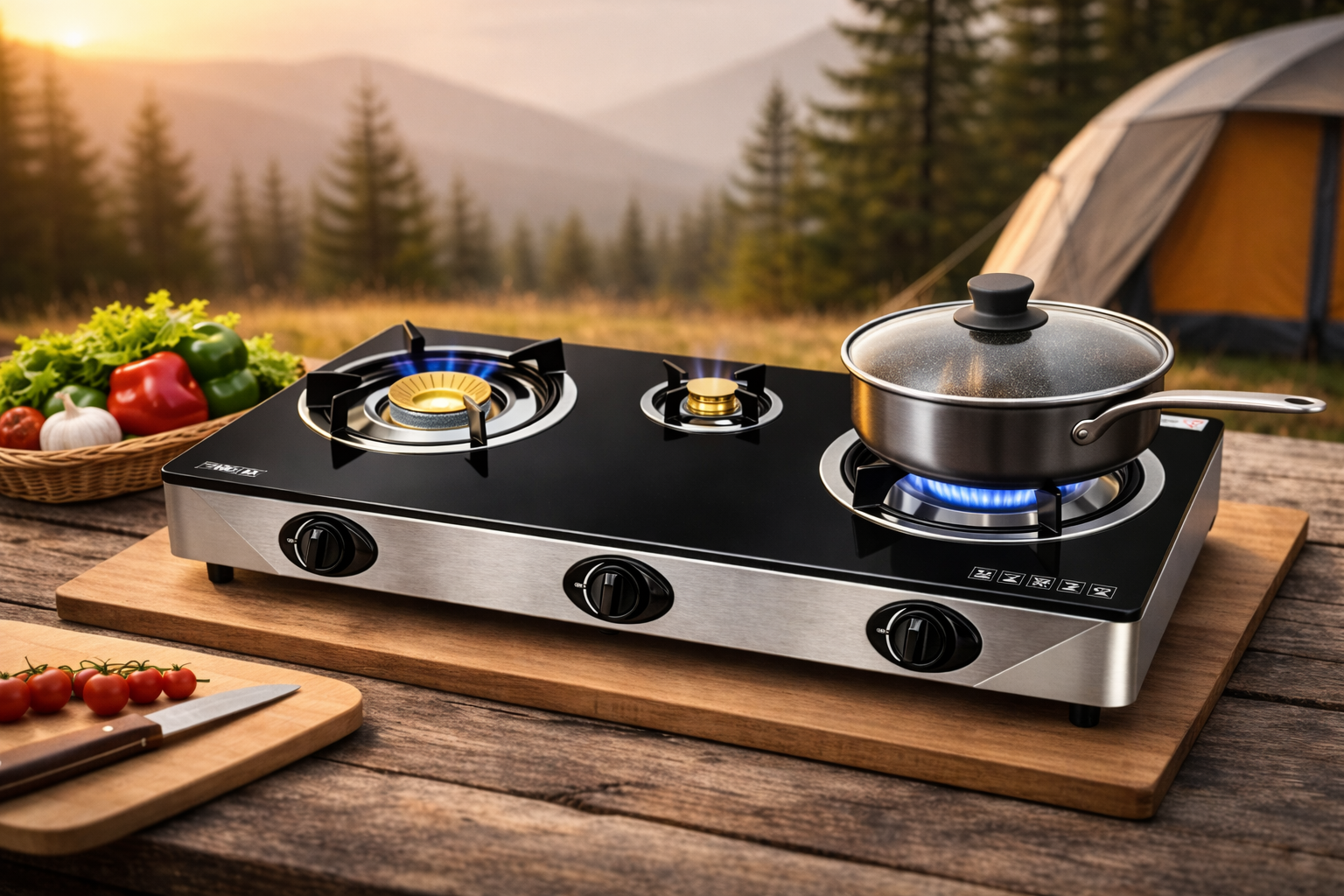 Phönix PS-3 Glas Gaskocher 3 flammig Propan Gasherd mit Zündsicherung