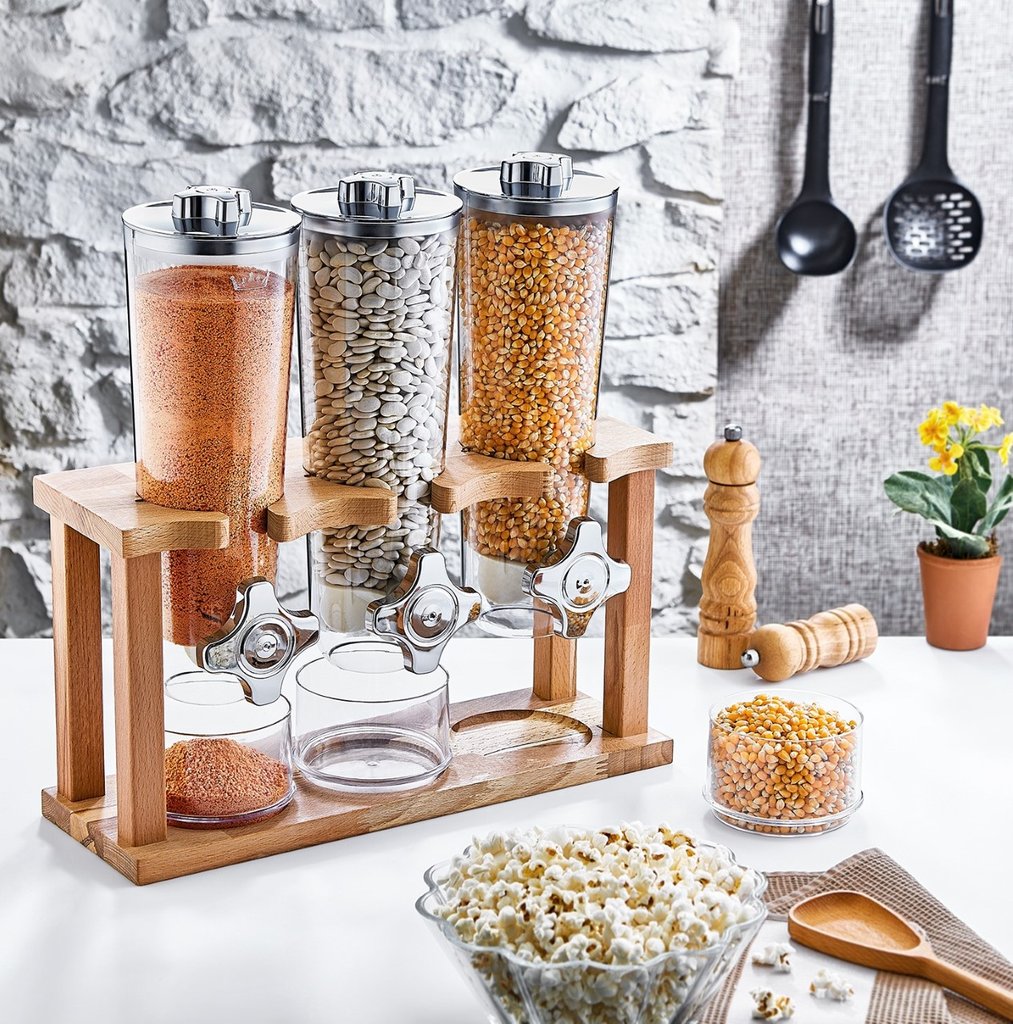 3er Müslispender Cerealienspender | Holz |3x 1,5 L | Cornflakesspender