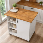 Große Holz-Arbeitsplatte des Küchenwagens mit 80 cm Breite und 63 cm Tiefe